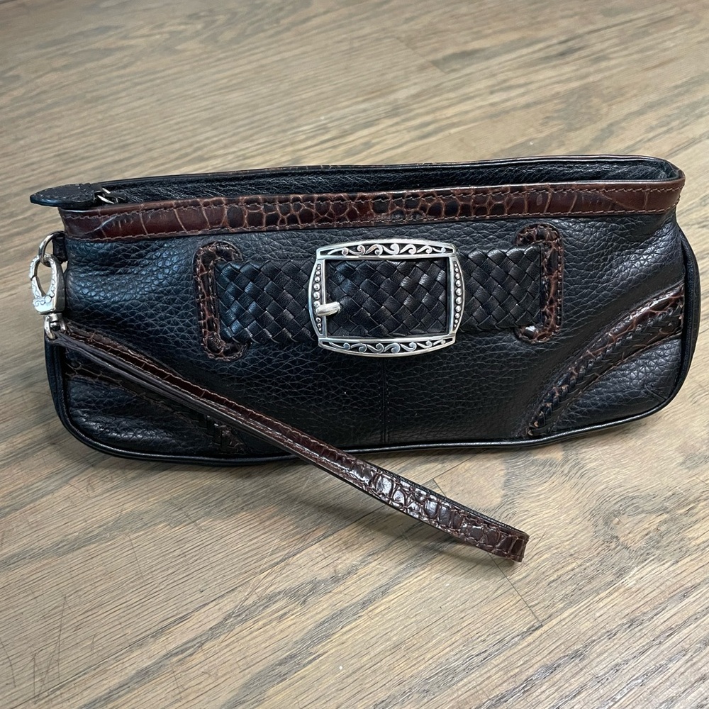 Brighton Buckle Wristlet Purse Black Brown Leather Built in Wallet Handbag